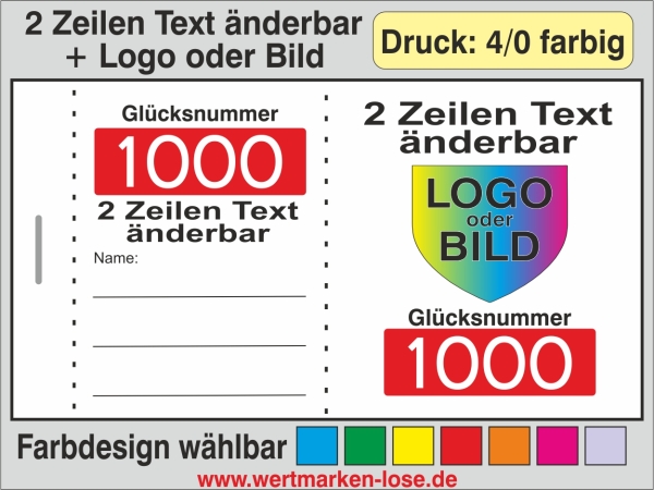 1000 Doppelnummern "2 Zeilen TEXT + Logo änderbar" - Druck 4/0 farbig